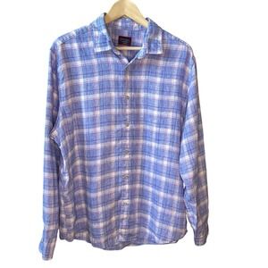 Untuckit Men's 100% Linen Button Up Long Sleeve Blue White Plaid Shirt Size XL